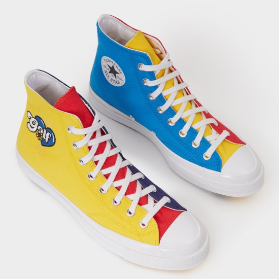 blue and yellow chuck taylors